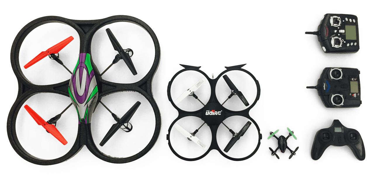 464.930 18.16vw Three drones we acquired for this project, whose sizes ranged from big, small to tiny, from left to right, with their controllers on the side